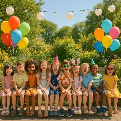 Lively Outdoor Gathering Portrays Ten Children of Various Ages Seated