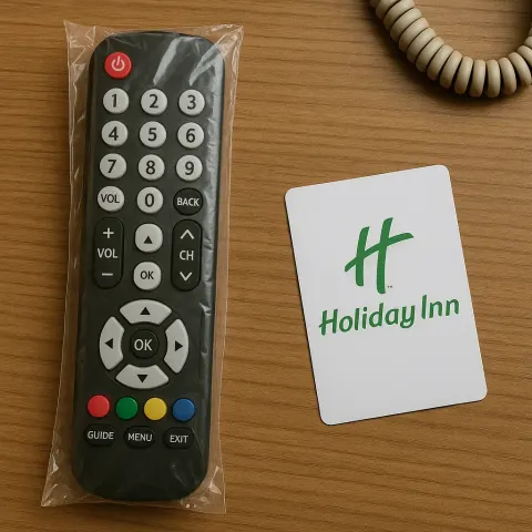 Plastic-wrapped Remote Control on a Wooden Surface Next