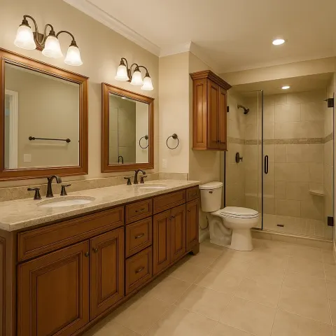 Spacious Bathroom with Wooden Cabinetry
