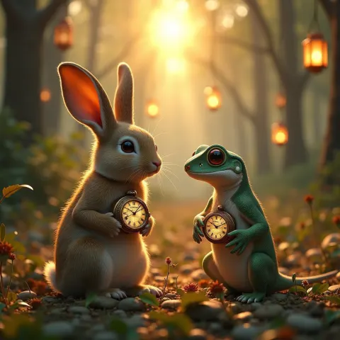 Whimsical Forest Rabbit and Gecko Consulting Antique Watches