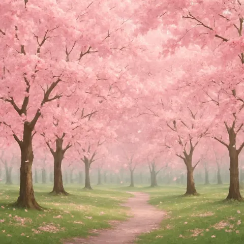 Tranquil Orchard of Cherry Trees Adorned with Blooming Flowers