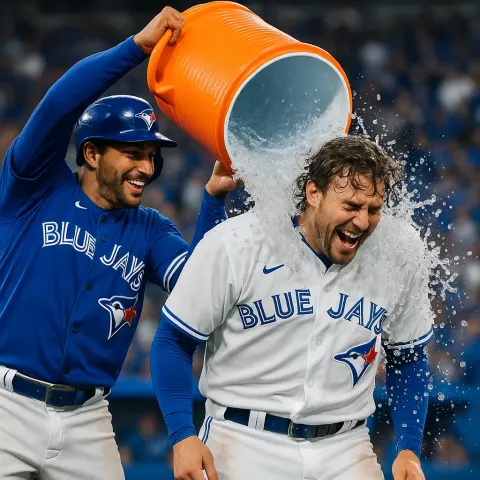 Blue Jays Player Pours Water from a Large Cooler