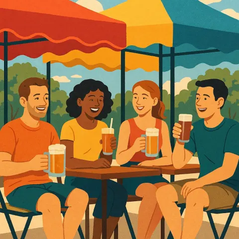 Gathering of Individuals Relaxing Beneath Vibrant Canopies While Sipping