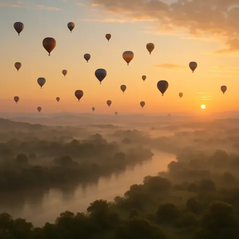 Multitude of Distant Hot Air Balloons Drifts Serenely