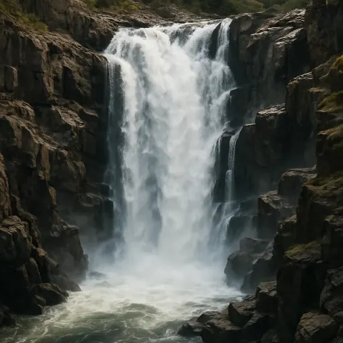 Cascade of Water Tumbled Down Craggy Cliffs