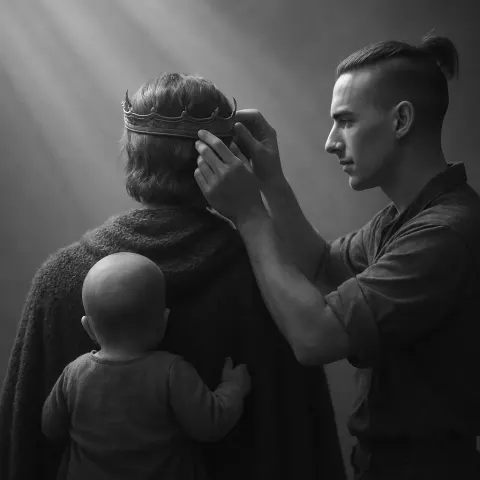 Infant Leans Against a Hero in a Knit Sweater