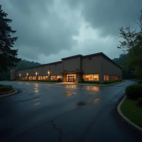 Commercial Building and Grainy Parking Lot Under Moody Skies