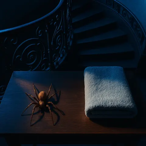 Desk with a Barn Spider and a Bath Towel