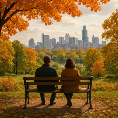 Two People Sitting on a Wooden Bench in a Lush