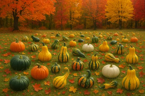 Field Brimming with a Variety of Squash and Gourds