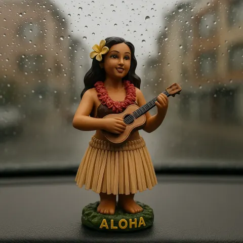 Hawaiian-style Figurine Is Positioned on a Car Dashboard with Rain-speckled