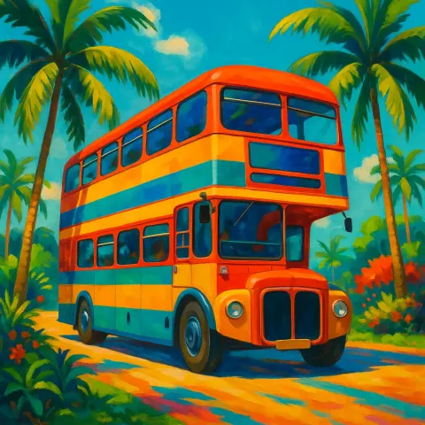 Lively Double-decker Bus Cruising Through a Bright Tropical Scene