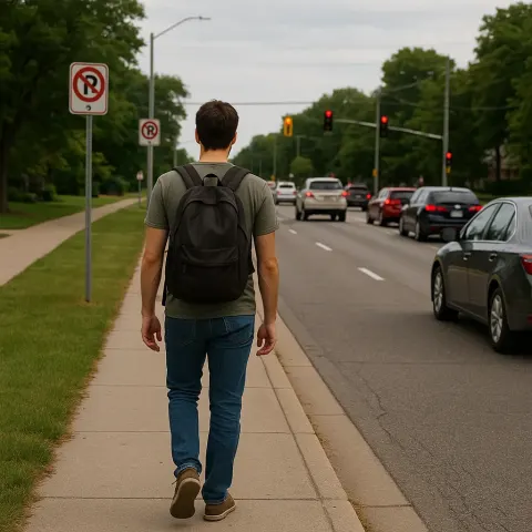Man with a Backpack Walks Along a Sidewalk