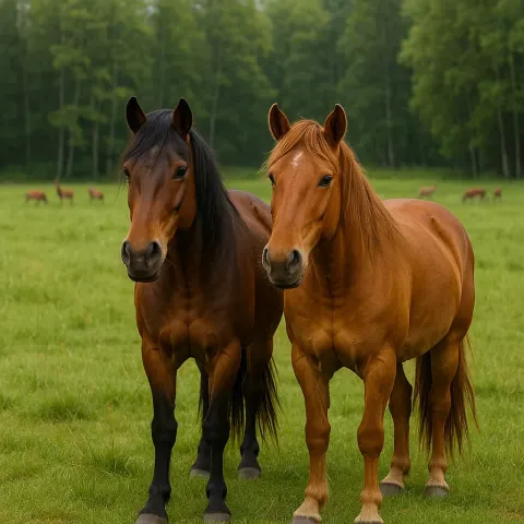 Two Horses Stand on a Grassy Field with a Forest
