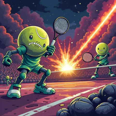 Eight Bit Tennis Ball Monsters Battling With Lasers