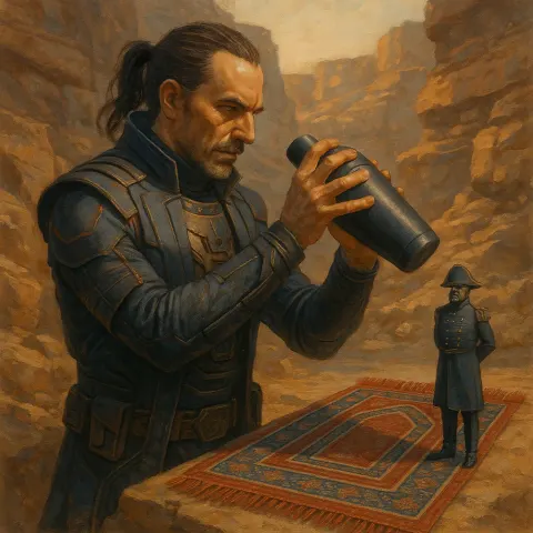 Male Auteur Figure in Detailed Far-future Science Fiction Attire Actively