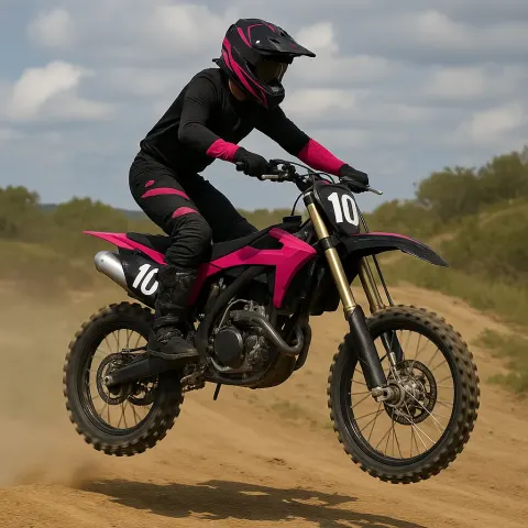 Motocross Rider Wearing Black and Pink Gear Performs a Jump