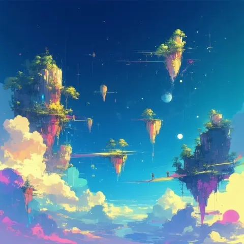 Floating Sky Islands in Vibrant Vector Art