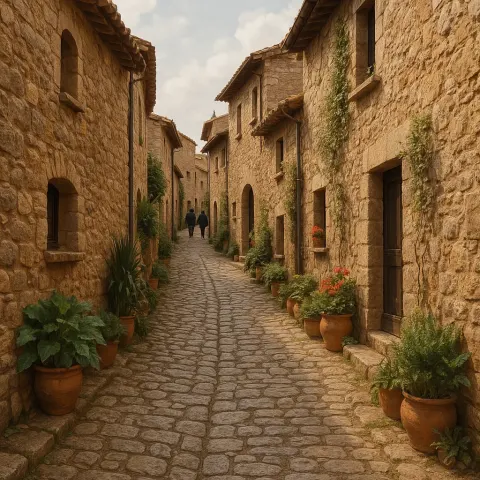 Narrow Cobblestone Street in a Rustic European Village with Stone