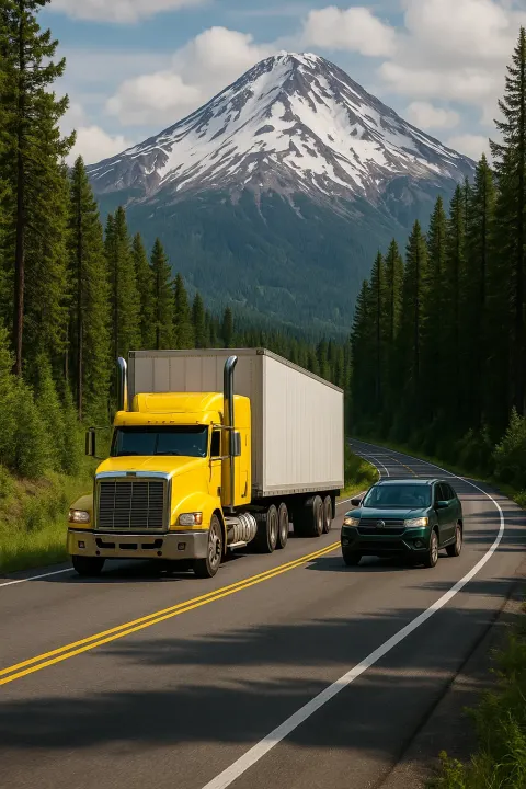 Vibrant Highway Scene Showcases a Yellow Semi-truck Navigating a Winding