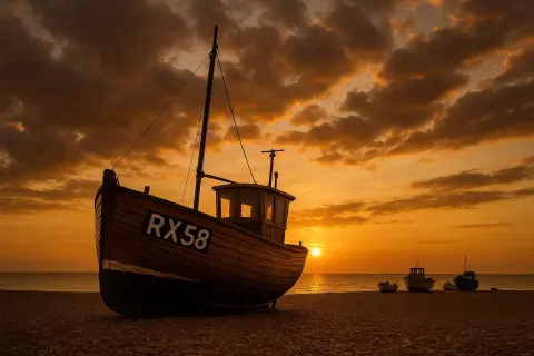 Rustic Fishing Boat Labeled "RX58" Sits on a Pebble Beach