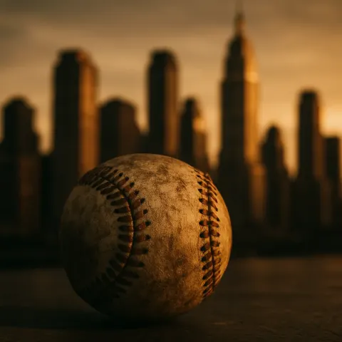 Worn Vintage Baseball Rests Sharply Focused Before Rhythmically Gleaming Skyscrapers
