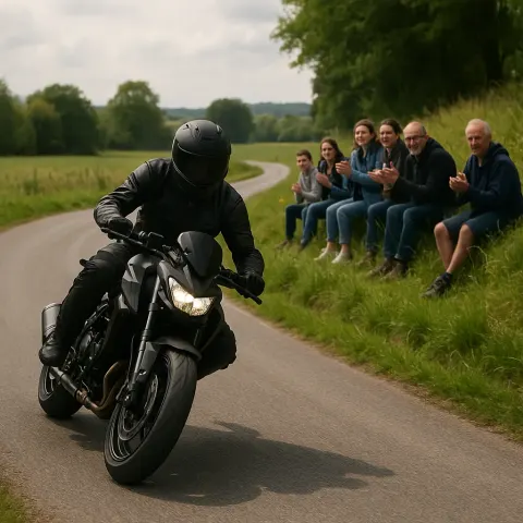 Motorcyclist in Black Gear Riding on a Curved Rural Road