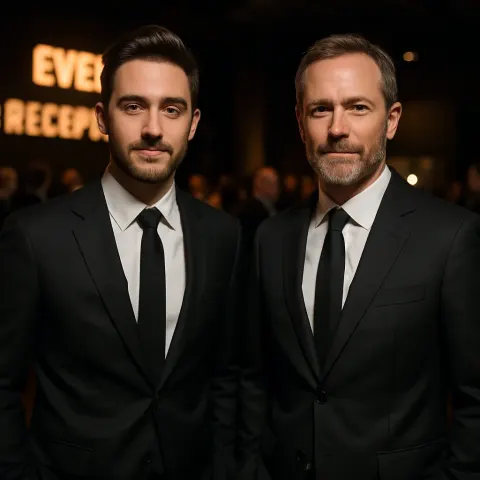 Two Men Wearing Formal Attire Stand in a Dimly Lit