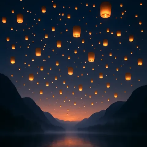 Innumerable Glowing Lanterns Ascend into the Twilight Sky