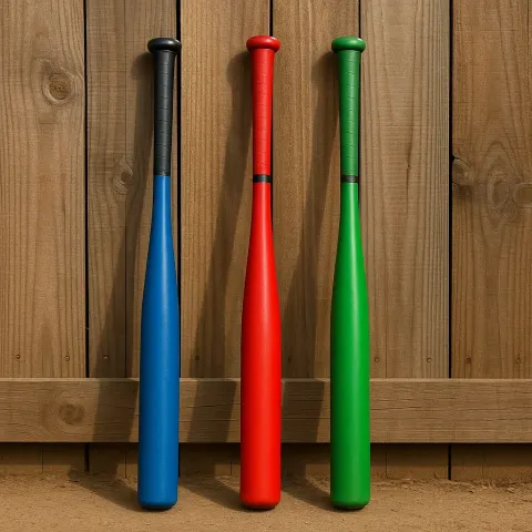Three Vibrant Baseball Bats Standing Against a Wooden Fence