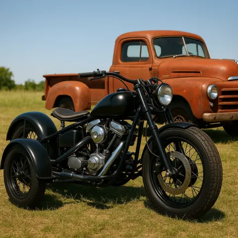 Custom-built Motorcycle with a Sidecar Is Parked on Grass