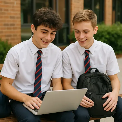 Two Male Students in School Uniforms Sitting on a Bench