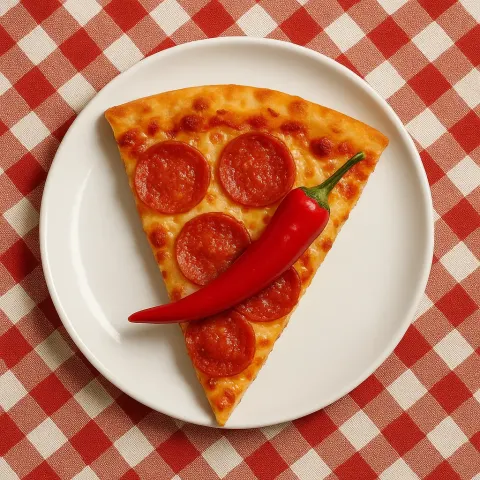 Slice of Pepperoni Pizza Topped with a Red Chili Pepper