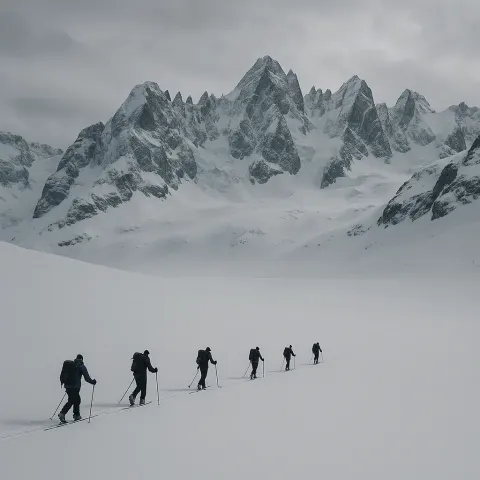 Several Distant Ski Tourers Traverse a Vast