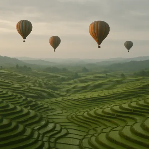Several Distant Hot Air Balloons Drift Silently over a Vast