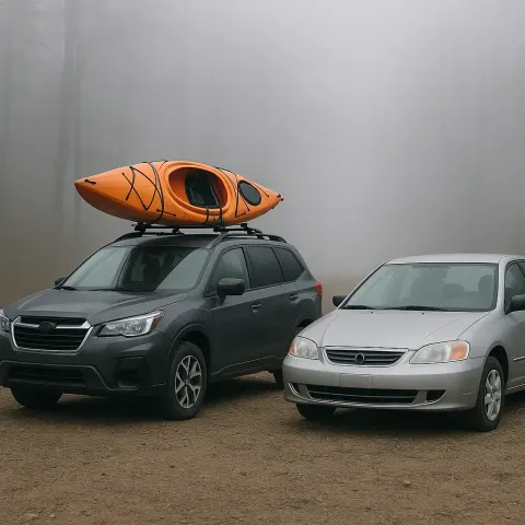 Two Cars Parked on a Gravel Surface in a Foggy