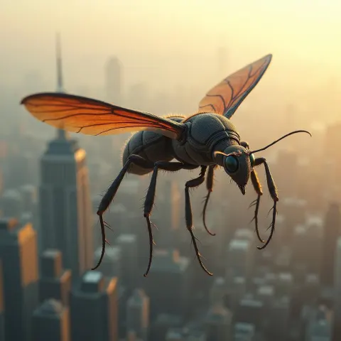 Majestic Insect Creature Hovering Over a Foggy City