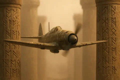 Weathered Warplane Flies Between Massive Rune-carved Columns