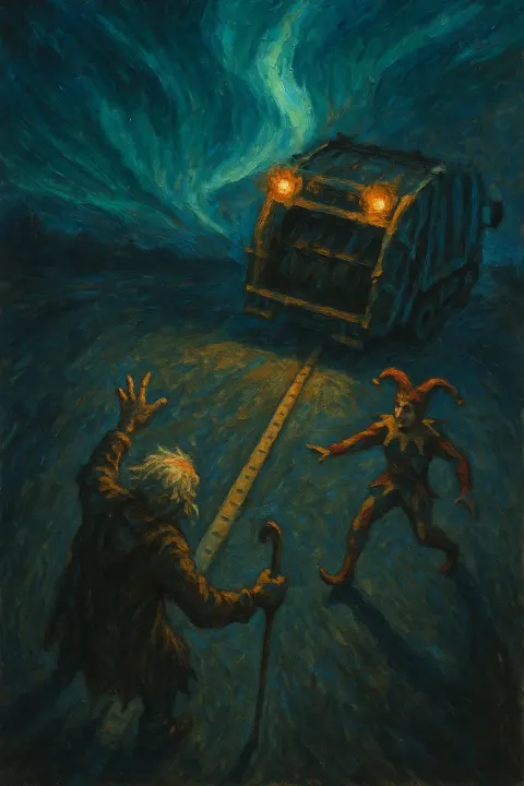 Weary Figure Dramatically Gestures Towards a Garbage Truck's Flashing Amber