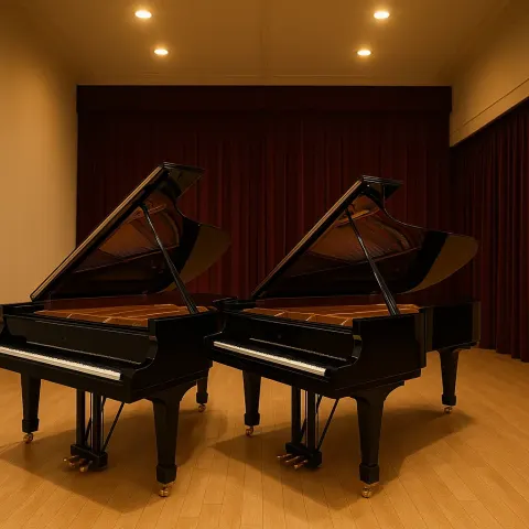 Two Polished Black Grand Pianos Are Positioned Side by Side
