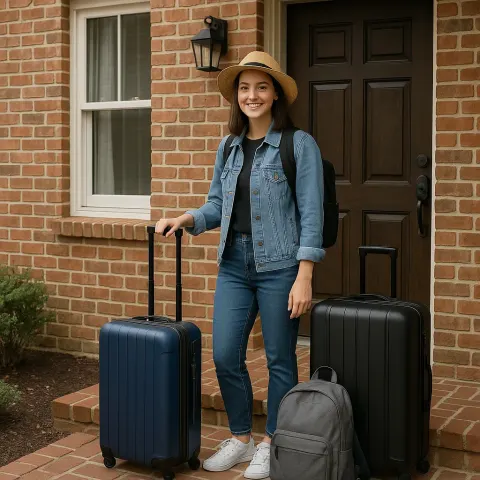 Woman Standing Outside of a Brick House with Luggage
