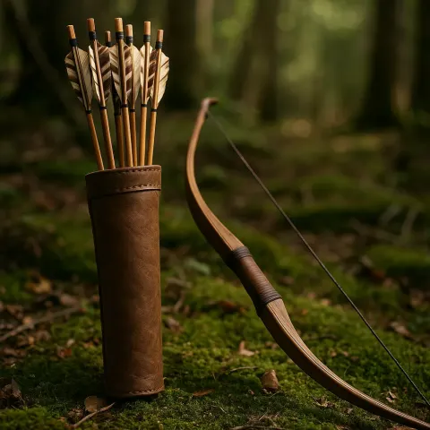Wooden Bow Lies on the Moss-covered Ground of a Dense