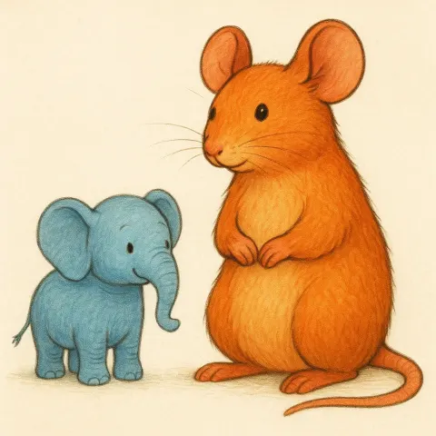 Small Blue Elephant Positioned Next to a Massive Orange Mouse