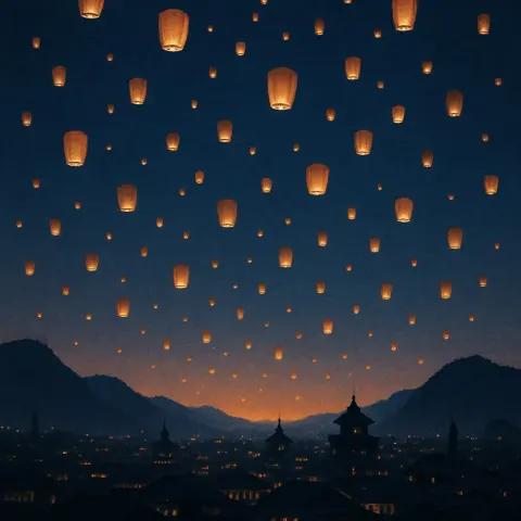 Multitude of Distant Paper Lanterns Gently Float Upwards