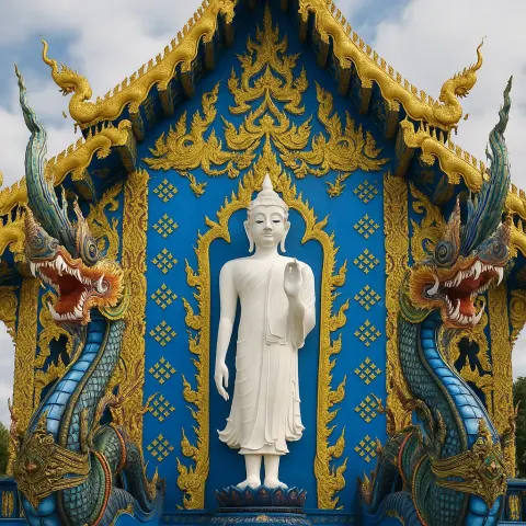 Vibrant Blue and Gold Thai Temple Facade Adorned with Intricate