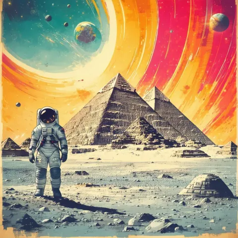 Astronaut Beholding Lunar Pyramids Beneath a Hovering Earth