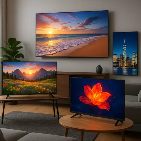 Showcasing a Contemporary Living Room Arrangement with Four Televisions