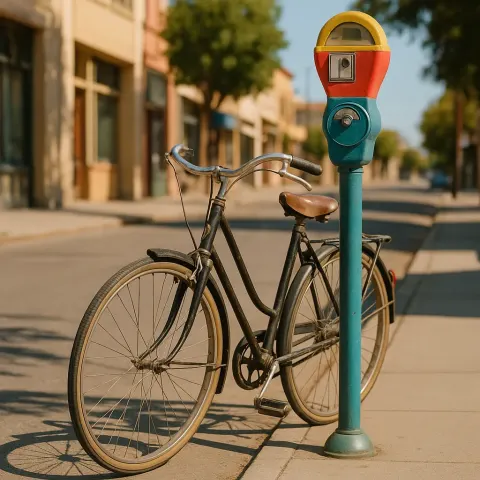 Old-fashioned Bicycle Propped Against a Vibrant Parking Meter