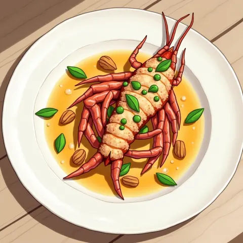 Anime Shellfish Dish Garnished With Peas and Nuts