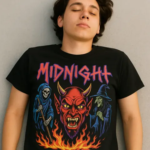 Person Lying on a Surface Wearing a Black Graphic T-shirt